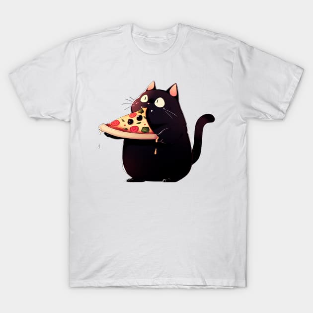 Black fat cat eats pizza T-Shirt by Chromatic Currents